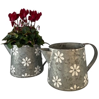 Online-Fuchs Blumentopf 2er Set Zinkkannen Blumen Übertopf Pflanzkübel Kräuter P48, 22 x 15 cm breit und 14,5 cm hoch Teekanne Vintage silberfarben
