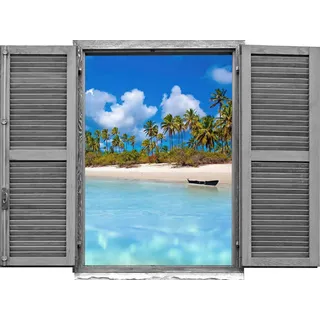 queence Wandtattoo Strand mit Palmen (1 St), Wandsticker, Wandbild, selbstklebend, 3D, Fenster blau