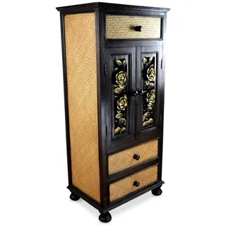 livasia Asiatischer Schrank aus Massivholz und Rattan – 50x40x120cm – Handgeschnitztes Highboard aus nachhaltigem Akazienholz, Asiatische Eleganz für Zuhause