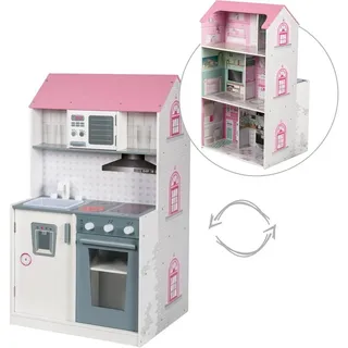 roba® Spielküche 2-in-1, rosa Holz, mit mehrstöckigem Puppenhaus rosa|weiß 