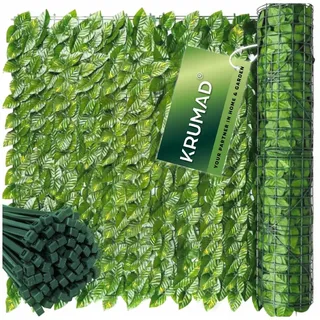 KRUMAD Künstlicher Efeu Hecke Sichtschutz 300 x 50cm Sichtschutz Balkon und Garten Efeu Künstlich UV-beständig Wetterfest inkl. 100 Kabelbinder - dunkelgrün