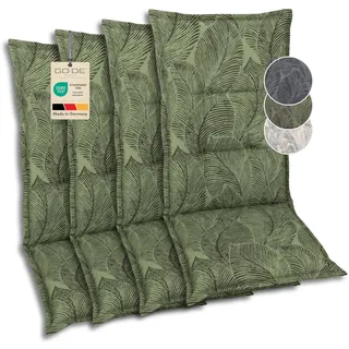 GO-DE Textil Bequeme und attraktive Polsterauflagen für Hochlehner-Gartenstühle (4er-Set, Blattmotiv groß grün, Hochlehner)