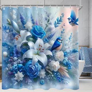 Lerores Duschvorhang 240x200 cm Blauer Vogel,Beschwerter Saum Antischimmel,Wasserabweisend, Waschbar Polyester Badevorhänge mit 16 Ösen und Duschvorhangringe für Badezimmer,Badewanne