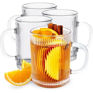 KONZEPT Gläser-Set Kaffeegläser Geriffelt 350ml Set 2/4/6 Stk. mit Henkel Transparent, 4-tlg., 350 ml, geriffelte, ideal als Kaffeegläser