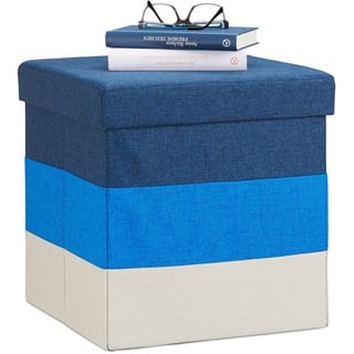Relaxdays Polster Hocker mit Stauraum, gestreifter Sitzhocker, faltbarer Polsterhocker HBT: 38 x 38 x 38 cm, blau-weiß