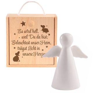 Casa Vivente Porzellan Schutzengel in Holzbox mit Gravur, Engel Taufgeschenk für Kinder, Engelfigur als Glücksbringer, Verpackung für Geldgeschenke zur Taufe, Geschenkideen für Babys