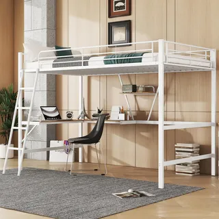 Merax Hochbett 90x200 Metallbett mit L-förmigem Schreibtisch und Regal, Bettgestell mit Lattenrost (ohne Matratze) für Kinder/Erwachsene, Weiß