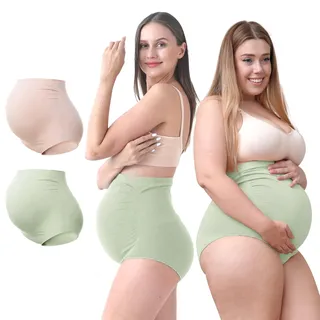 SUNNYBUY Damen Umstandsunterwäsche mit hoher Taille, nahtlos, weich, Hipster, Höschen über dem Bauch, 1 Grün, 1 Haut, 2 Stück, L - L