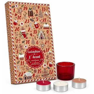 Adventskalender mit 24 Duftkerzen – Inklusive Kerzenhalter aus Glas – Geschenkbox mit 24 Kerzen – Kerzen-Adventskalender für Erwachsene – Rot - Rot
