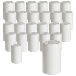 gouveo 24er Set Gewürzstreuer 200 ml weiß mit Streuaufsatz-Deckel - Gewürzdosen aus Kunststoff mit 3 Streu-Größen - Leere Salz- und Pfeffer-Streuer für Kräuter, Gewürze oder Bastelzubehör
