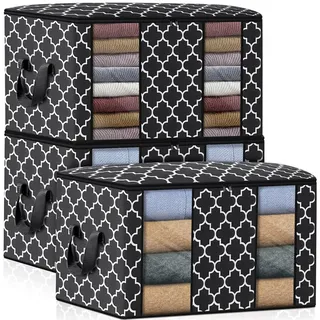 Aufbewahrungstasche Schrank 102L Große Organizer Set, 3 Stück Faltbar Kleideraufbewahrung mit Verstärkt Griff, Stabilem Reißverschluss für Kleidung, Bettwäsche, Bettdecken, Steppdecke(63*45*36cm)