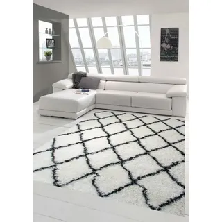 Shaggy Wohnzimmerteppich Hochflor Langflor Rautenmuster in Creme Schwarz Größe 80x150 cm