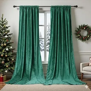 Rosnek Thermovorhang Kräuselband,2 Stück Luxus Vorhang Samt Verdunklungsgardine mit Multifunktionsband,Verdunkelungsvorhänge Blackout Curtain Barock Deko,H183xB132CM,Grün