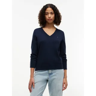 Strickpullover TOMMY HILFIGER "STITCH V-NECK", Damen, Gr. S (36/38), blau (schwarz night navy), Feinstrick, Obermaterial: 67% Baumwolle, 33% Polyamid, unifarben, Basic, regular fit normal, V-Ausschnitt, eingesetzt Rippstrickbündchen mit Knöpfen, Pullover Strickpullover, mit Knopfdetail am Ärmel, Regular Fit