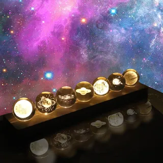 BlyeMichdi 7 Planet Kristallkugel mit LED Holzsockel, 3D Kristallkugel Nachtlicht, Sonnensystem Planeten Modell 40mm Glaskugel LED Ball Lampe Schreibtisch Dekor, Astronomie Geschenk (Warmes Licht)
