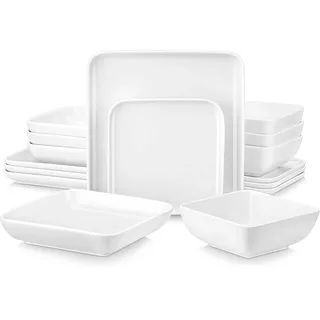 MALACASA Geschirr-Sets für 4, Elfenbeinweiß quadratische Teller und Schalen Sets, 16-teiliges Porzellan-Geschirrset mit Speisetellern, Geschirrset mikrowellengeeignet, Serie IVY