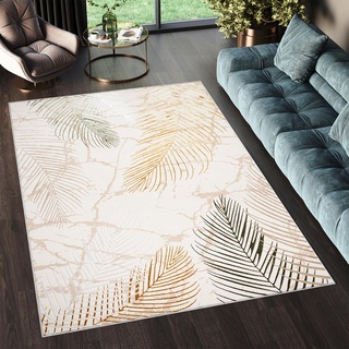 TAPISO Golden Teppich Kurzflor Wohnzimmer Schlafzimmer Luxuriös Creme Gold Grün Blätter Meliert Verwischt Modern Design ÖKOTEX 200 x 300 cm