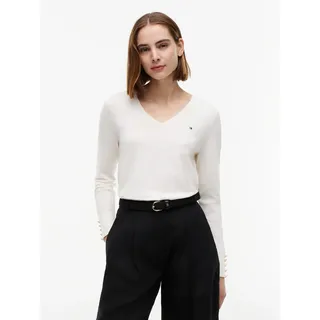 Strickpullover TOMMY HILFIGER "STITCH V-NECK", Damen, Gr. S (36/38), weiß (ivory petal), Feinstrick, Obermaterial: 67% Baumwolle, 33% Polyamid, unifarben, Basic, regular fit normal, V-Ausschnitt, eingesetzt Rippstrickbündchen mit Knöpfen, Pullover Strickpullover, mit Knopfdetail am Ärmel, Regular Fit