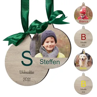 Personalisierte Holzanhänger Weihnachten - Christbaumkugel Weihnachtskugeln mit Foto Namen Text personalisiert - Weihnachtsbaum Deko aus Holz - Weihnachtsanhänger mit Bild