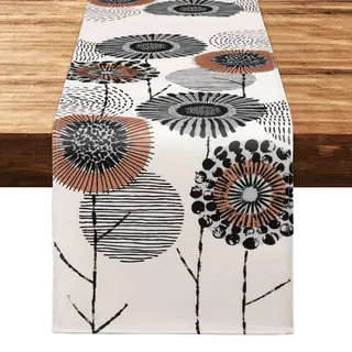 Weldomcor Leinen Blumen Tischläufer Modern Abwaschbar Grau Orange 32x180cm | Saisonnal Sommer Küche Tischdecke Boho Landhausstil Tischdeko für Wohnzimmer Couchtisch Esstisch Party Hochzeit Outdoor Deko