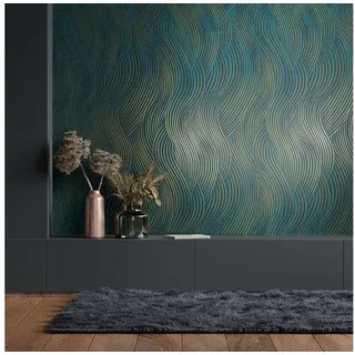 Marburg Vliestapete Abstrakt Grafisch Wellenmuster Petrol Gold Metallic 82477