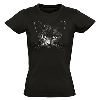 Baddery Print-Shirt Damen T-Shirt: Katze - Cat Kätzchen Miau Mieze, hochwertiger Siebdruck, aus Baumwolle schwarz M