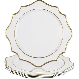 MAONAME 33 cm weiße Platzteller, 6er-Set, rundes Ladegerät für Speiseteller, Jakobsmuschel-Teller-Ladegeräte mit Goldrand, Kunststoff-Ladegeräte für Tischdekoration, Hochzeitsdekoration