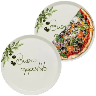 KHG 2er set Pizzateller, extra groß mit 30cm Durchmesser in Buono appetito Print, perfekt für Gastro und Zuhause, hochwertiges Porzellan, Spühlmaschinengeeignet & perfekt Stapelbar