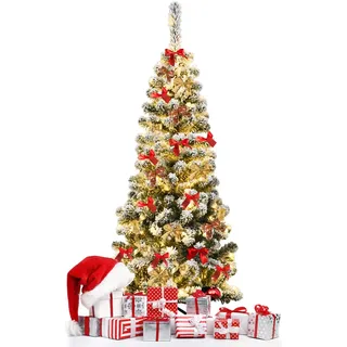 RELAX4LIFE 135 cm Künstlicher Weihnachtsbaum mit Beleuchtung und Schnee, Bleistift Tannenbaum mit 150 warmweißen LED-Lichtern & Metallständer, Christbaum schmal für Zuhause & Büro & Geschäften, Grün