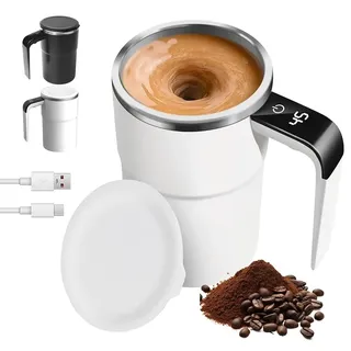 Hojalis Selbstrührende Tasse, 380ml Automatische Magnetische Rührkaffeetasse, Magnetische Selbstrührende Tasse mit Temperaturanzeige, Selbstrührender Kaffeebecher Für Picknick Camping Hotel (Weiß)