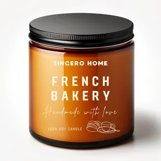 Sincero Home Duftkerze - Handgefertigte Sojawachskerze mit Holzdocht, 450g, 60 Stunden Brenndauer, Croissant-Aroma, Natürliche und Umweltfreundliche Kerze