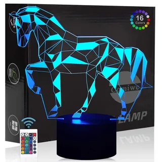 Comiwe Pferd 3D Illusion Nachtlicht Spielzeug,Dekoration LED Nachttischlampe 16 Farben Ändern mit Fernbedienung,Weihnachten Deko Lampe Geburtstagsgeschenk Für Mädchen Jungen Kinder und Freunde