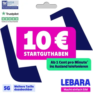 LEBARA Prepaid SIM-Karte mit 10€ Startguthaben ohne Vertrag | ab 1 Cent pro Min. ins Ausland telefonieren | Jetzt mit 5G surfen