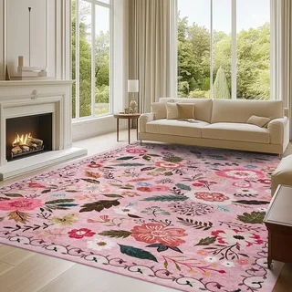Puremy Groß Vintage Blumenmuster Niedriger Flor Teppich, 240x340cm, Rosa | Waschbarer Wohnzimmerteppich, Rutschfest,Teppiche für Wohnzimmer Schlafzimmer Bauernhaus Esszimmer und Kinderzimer