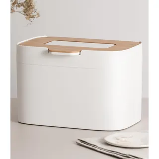 KAZAI. Bio-Mülleimer 'Elin' | 4,5L Kompost-Eimer mit Holz-Deckel & Filter | Geruchsdicht, Spülmaschinenfest, inkl. Innenbehälter | Biomüll-Behälter für die Küche | Matt-Weiß/Bambus