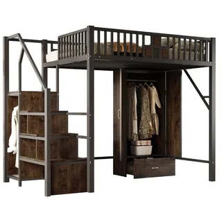 Metall-Hochbett 140×200cm Mit Markantem Geländerdesign Aus Holz und Metallgitter,Komplett Mit Großem Kleiderschrank,Schubladen und Aufbewahrungs...