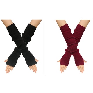 XDeer Strickhandschuhe 2 Paar Lange Fingerlose Handschuhe,Winter Stricken Halbfingerhandschuhe Armstulpen mit Daumenloch für Damen rot