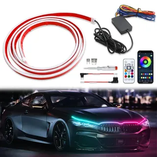 DREAMIZER Auto tagfahrlicht, 12V 180cm Bunt Auto Motorhaube Ambientebeleuchtung, 16 Millionen Farben Flexibler wasserdichter LED Tagfahrlicht für Autos, SUVs, LKWs (APP und Fernbedienung)