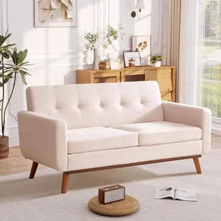 HONEYOU 165 cm Zweisitzer-Sofa, Mid-Century Modern-Stil, mit Nieten und Steppung, robust, einfache Montage, für Schlafzimmer, Büro & Wohnung, haferfarben