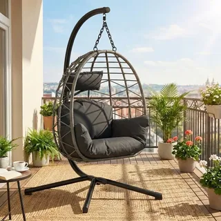 Garvee Hängesessel aus Rattan mit Metallgestell – klappbar, wetterfest, bis 150 kg belastbar, inkl. schwarzer Abdeckung – Outdoor & Indoor Ei-Schaukelstuhl für Garten, Balkon, Terrasse – Graues Rattan