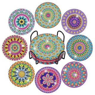 Diamond Painting Untersetzer mit Halter Set, 8er DIY 5D Mandala Diamant Malen für Erwachsene, Anfänger & Kinder Wohnzimmer Dekoratio