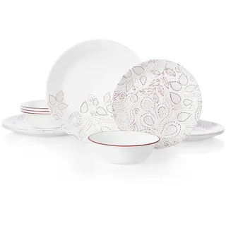 Corelle Leaf Stitch 12-teiliges Geschirr-Set für 4 Personen, rot