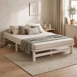Homestyle4u Holzbett 90x200 120x200 100x200 140x200 mit Lattenrost Palettenbett Futonbett (Spar-Set, inklusive Lattenrost), 120x200, Weiß, lackiert, Einzelbett, bodennah weiß 120 cm x 200 cm x 28 cm