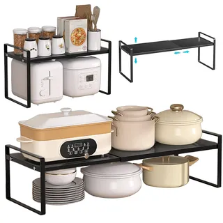 Gevvnss Gewürzregal,Küchenregal Schrankregal,Erweiterbares Länge 35.5-65cm Schrankregal,Verstellbarer Küchenorganizer,Langlebiges,Tisch-Organizer für Küche, Bad,Tischplatte,Sideboard,Mattschwarz