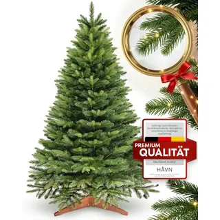 HAVN Künstlicher Weihnachtsbaum Nordlys, Tannenbaum in Nordmanntannen-Optik, mit Holzständer, Nordmanntanne, PE-Spritzguss-Spitzen, PVC-Zweige, Fadenwicklung, unauffälliger Stamm 220 cm