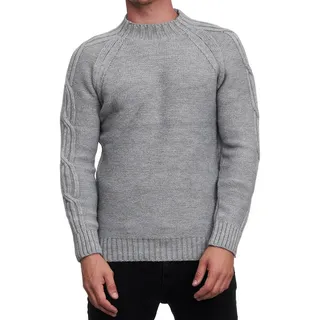 R-NEAL Stehkragenpullover Herren Langarm Stehkragen Strick-Pullover Hoch-Kragen mit Zopfmuster grau 3XL