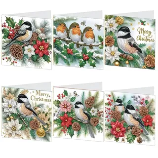 Generisch 6 Stück Weihnachtskarten Diamond Painting,Weihnachten Diamond Painting Set,Diamond Painting Karten mit Blanko Umschlag,5D DIY Diamant Painting Weihnachten Karten Geschenk-Vogel