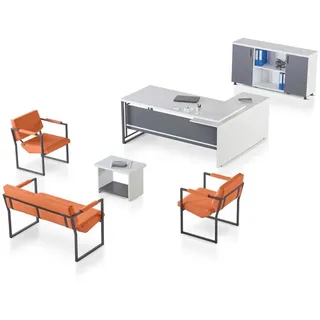 JVmoebel Arbeitstisch Moderne Designer Garnitur mit Bürotisch, Sideboard und Sessel (6-St., Sideboard), Made in Europa grau|orange|weiß