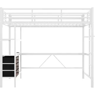 Hochbett 90x200 cm Weiss Ohne Matratze Gaestebett Mit LED Leuchten Schreibtisch USB 3 Schubladen Gelaender Treppe Einzelbett Jugendbett Kinderbett - Weiß