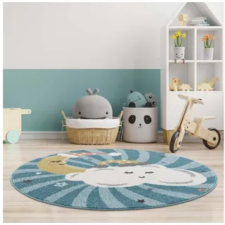 Carpet City Kinderteppich Anime9380, rund, Höhe: 11 mm, Teppich Mond, Wolken, Sterne, Weicher Flor blau Ø 120 cm x 11 mm